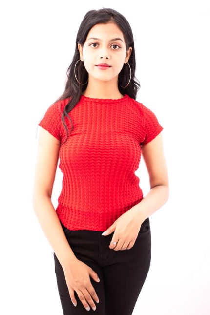 self textured red short top