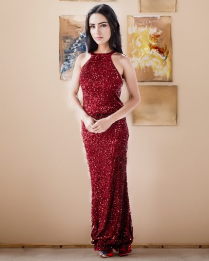 Red halter neck gown with sequins