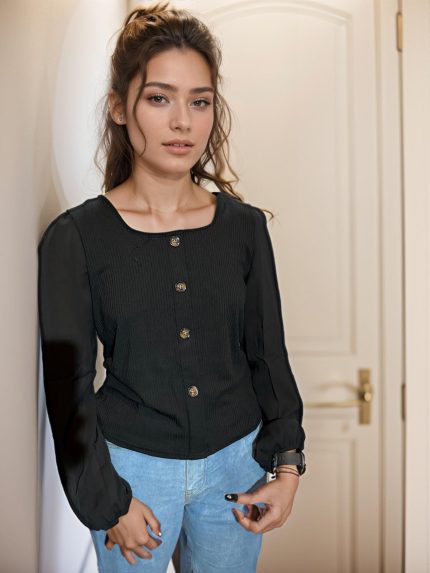 black full sleeve top with faux button