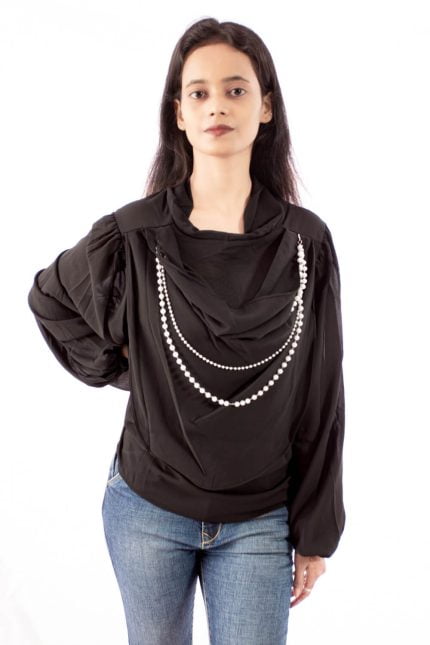 cowl neck black top with faux pearls