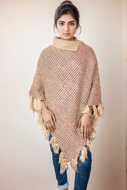 woolen poncho with turtle neck and frills