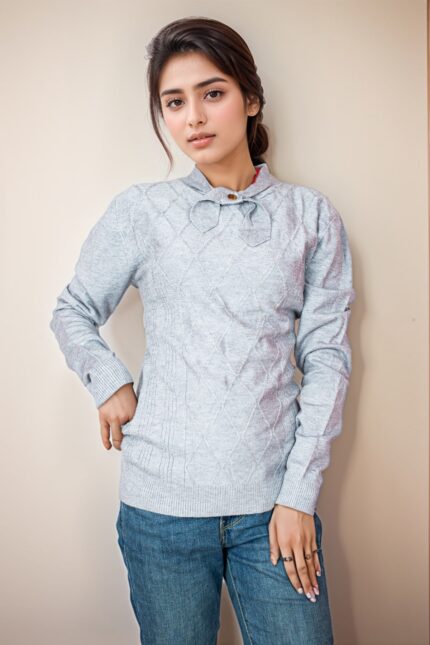 light gray knitted full sleeve woollen top with bow