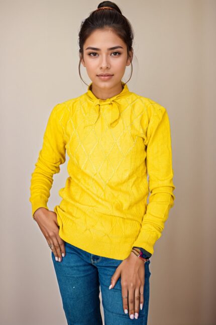 yellow full sleeve knitted light woollen top with bow