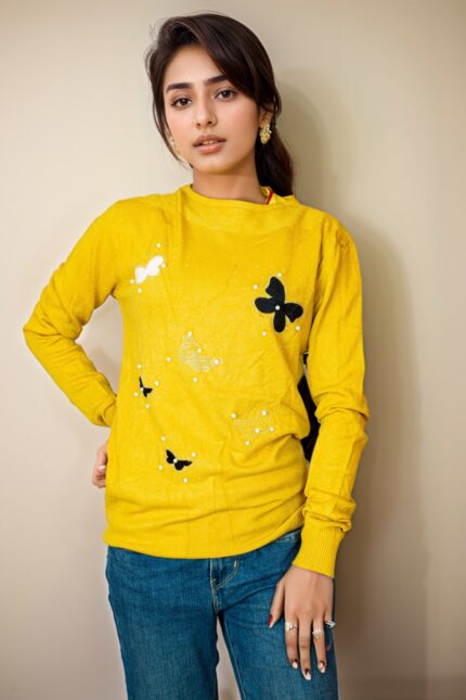 yellow full sleeve sweater with butterflies and beads