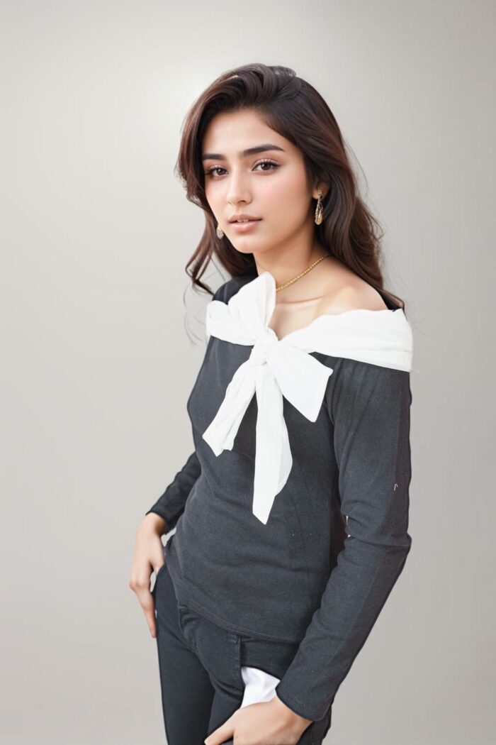 Full sleeve black top with white ribbon accents Full sleeve black top