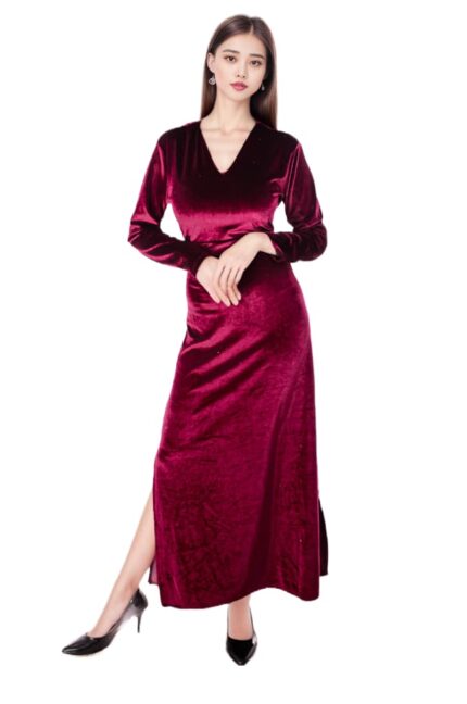 Velvet Elegance Full Sleeve slit Dress