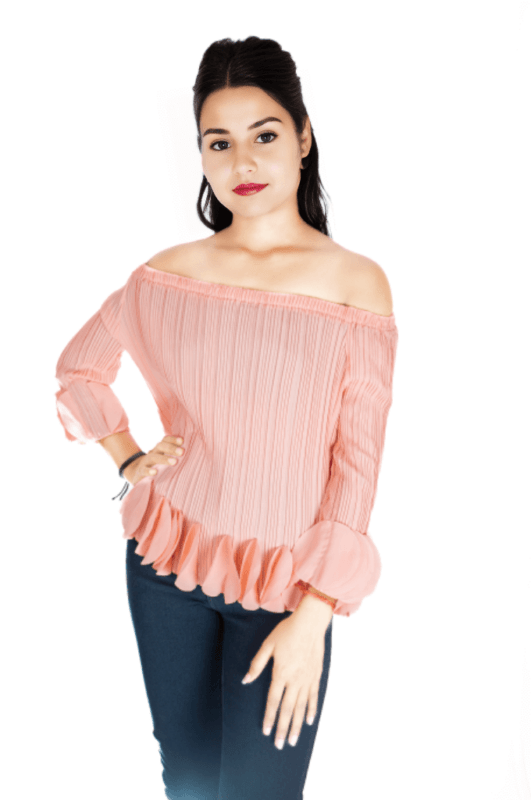 Blush ruched full sleeve off shoulder top