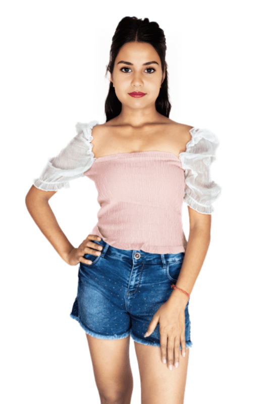 Rosy charm crop knitted top with puffed sleeves