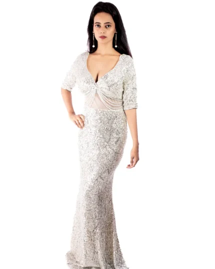 Iconic elegance beige sequin long gown