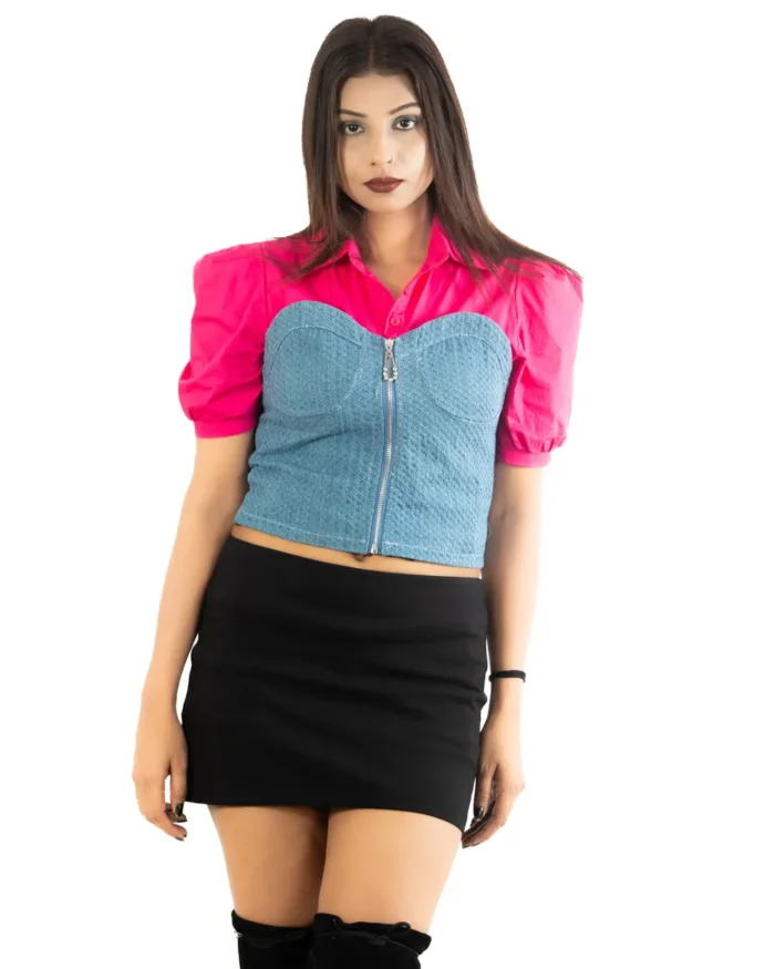 Rosy rebel denim shirt-style zipper crop top zipper crop top