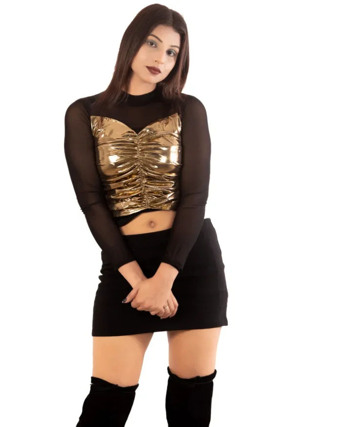 Golden radiance full sleeve black and golden metallic crop top for parties crop top for parties