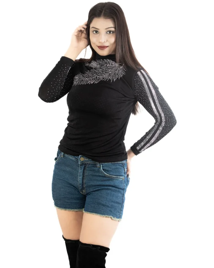 Stone-embellished full sleeve black party top black party top