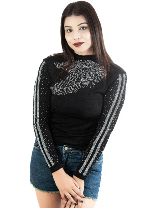 Stone-embellished full sleeve black party top