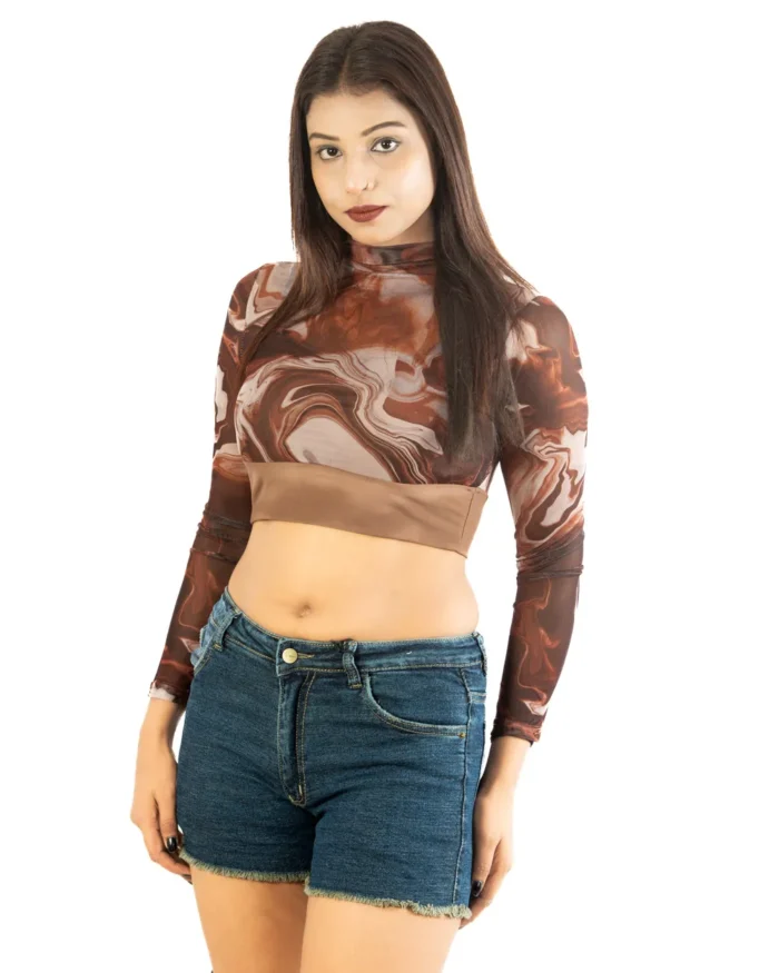 Chocolate Grace High Neck Full Sleeve Crop Top With Marble Prints full sleeve crop top