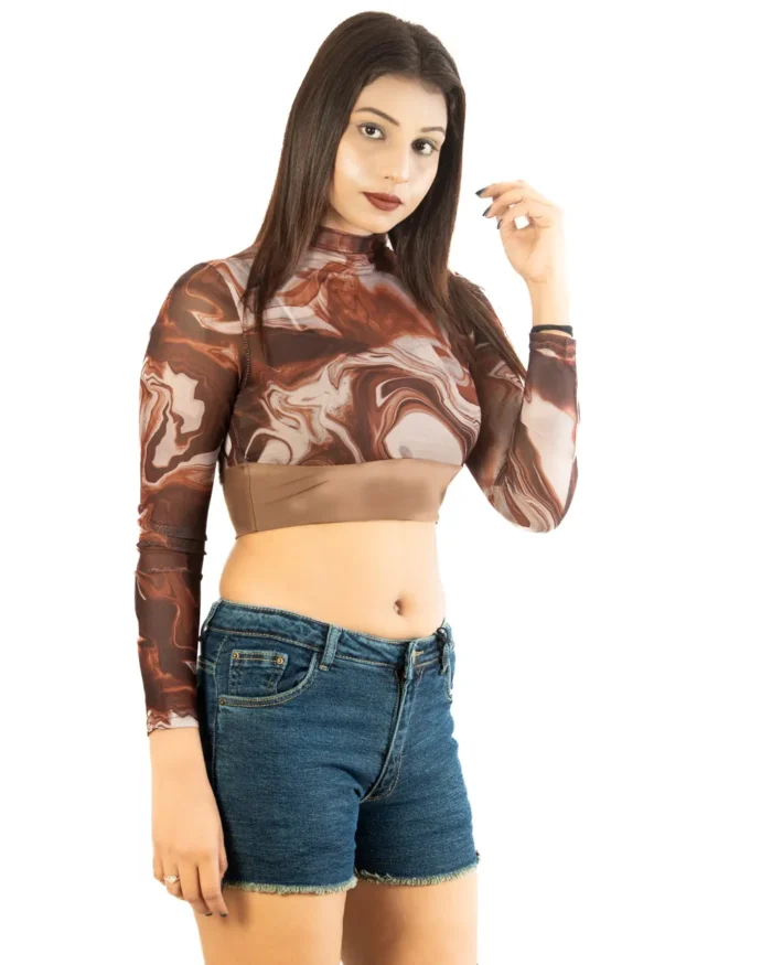 Chocolate Grace High Neck Full Sleeve Crop Top With Marble Prints full sleeve crop top